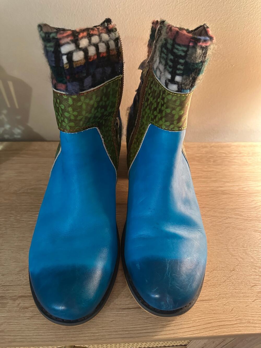 Socofy bohemian retro patchwork ankle boots blue festival Boho Lagenlook 39